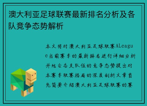 澳大利亚足球联赛最新排名分析及各队竞争态势解析