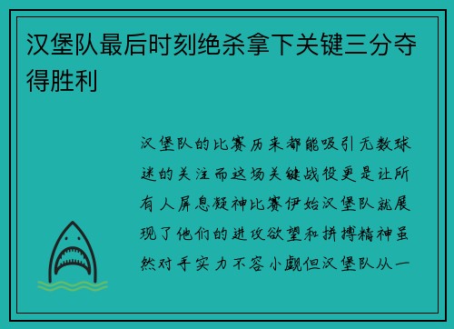 汉堡队最后时刻绝杀拿下关键三分夺得胜利